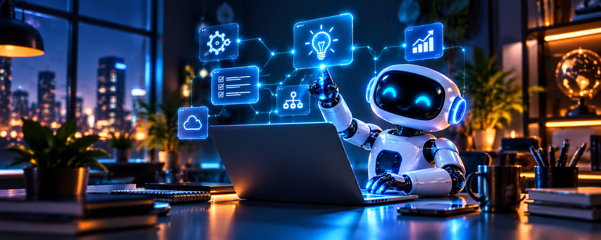 Robot de inteligencia artificial trabaja en una laptop dentro de un estudio digital