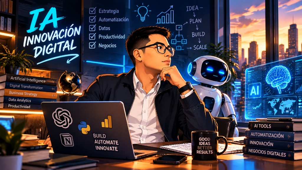 Retrato ilustrado del creador de BuildLab AI en su espacio de trabajo